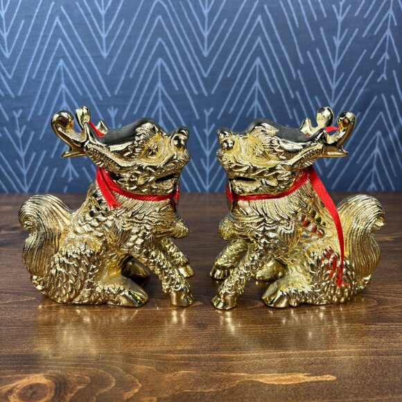 Gold Pixiu Statues Feng Shui Decor Pair of Chinese Dragon Lion Guardian Figures - Picture 5 of 14